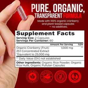 OmniBiotics USDA Organic Cranberry Pills for Women - High Potency 25,000 mg Supplement with 25:1 Fruit Extract - Daily Urinary Tract Support - 120 Vegan Capsules