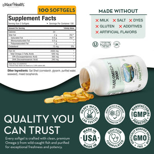 Omega 3 Fish Oil - Triple Strength 2000 mg Kosher Fish Oil Supplements - No Fishy Aftertaste Omega 3 Supplement - Burpless Fish Oil Omega 3 Fatty Acid