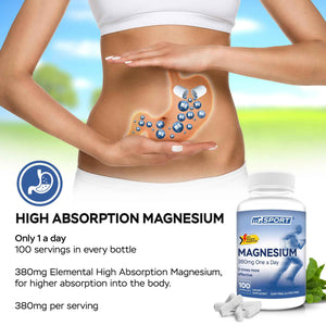MGSPORT Magnesium Supplement 380mg - High Absorption Magnesium Complex Formula with Vitamins B6, D, E - Supports Muscle Function and Sleep Quality - 100 Servings