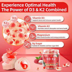 Vitamin D3 K2 Gummies w/Magnesium Sugar Free - 90 Count - D3 Vitamin 5,000 IU + K2(MK-7) 100 mcg - Vegan K2 D3 Vitamin Supplement, Highly Absorbent Supports Bone