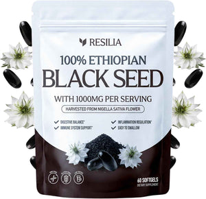 Resilia Ethiopian Black Seed Softgels 1000mg Per Serving - Premium Nigella Sativa Seed Oil Supplement - Digestive & Immune Support Formula - Easy to Swallow Soft Capsules (60 Count)