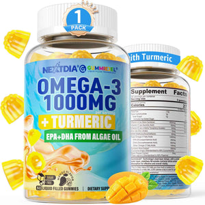 Omega-3 Gummies + Turmeric - Omega 3 Fish Oil Alternative for Adults - Algae DHA 600mg & EPA 300mg, Vitamins A, C, E, Zinc & MSM, Sugar Free, 60 Cts