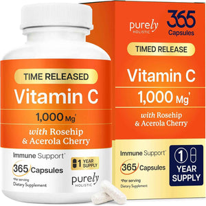 Vitamin C 1000mg, Immune Support, Timed-Release Capsules, 1 Year Supply - Vitamin C Supplement with Acerola Cherry & Rose Hips, Daily Antioxidant & Wellness Support, Vegan, Non-GMO, 365 Capsules