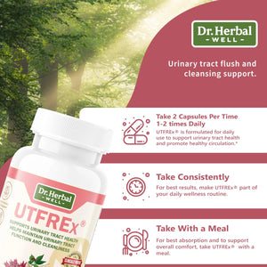 DR. HERBAL WELL UTFREX Clinically Proven Urinary Tract UTI Health Supplement Natural Support Cleanse Flush Protect (No Probiotics & D-Mannose) – 60 Capsules DR. HERBAL WELLBuy Supplements Australia