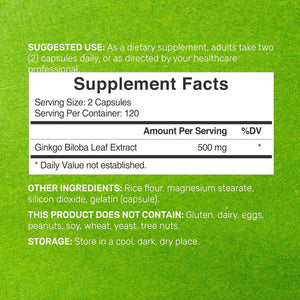 DEAL SUPPLEMENT Ginkgo Biloba 500mg Per Serving, 240 Capsules, 4 Month Supply - Grown in Northern Asia - Extra Strength, Promotes Brain Function