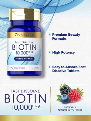 Carlyle Biotin 10000mcg - 250 Fast Dissolve Tablets - Max Strength - Vegetarian, Non-GMO, Gluten Free Supplement
