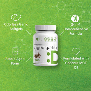 Odorless Aged Garlic, 500 Softgels - Enhanced with MCT Oil - Fresh Allium Sativum Bulb Source - 2-Years Aged Garlic Extract - Non-GMO, cGMP Manufactured