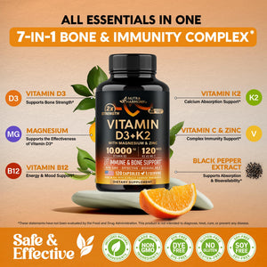 Vitamin D3 K2 - Vitamin D3 10000 iu & K2 as MK-7 120 mcg - Immune & Mood Support, for Bone & Teeth Health - with Magnesium, Zinc & Vitamin C & B12 - Highly Bioavailable - Made in USA, 120 Capsules NUTRAHARMONY buy supplements Au