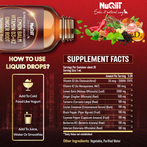 NUQIIT 10in1 Lemon Balm Tincture Blend Includes Vitamin D3, Vitamin K2, Lemon Balm, Ginger, Turmeric, Ceylon Cinnamon and More - 1 FL Oz - 60 Day Supply NUQIITBuy Supplements Australia