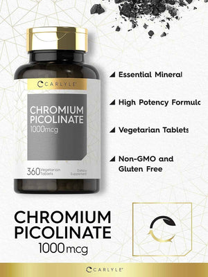 Carlyle Chromium Picolinate Supplement - 1000mcg - 360 Tablets - Vegetarian, Non-GMO, Gluten Free Formula