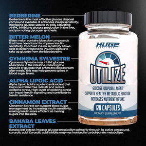 Utilize Glucose Disposal Agent (GDA), Carb Blocker & Nutrient Partitioner, Support Healthy Metabolic Function with 1.5g Berberine, 500mg Bitter Melon, 125mg Cinnamon & More (120 Capsules)