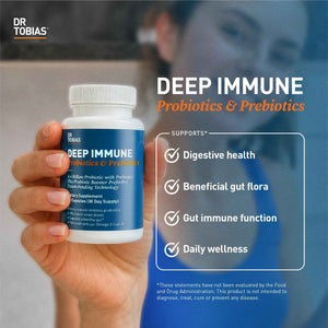 Dr. Tobias Deep Immune Probiotic + Prebiotic 60 Capsules - Gut Health - Dual Action Gut & Immune Support - DE111 Spore Forming Probiotics + PreforPro - Targeted Release - Shelf Stable - 30 Servings