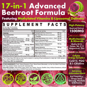 Beet Root Gummies, 17-IN-1 Liposomal Beetroot Superfood with CoQ10, Grape Seed, L-Citrulline, PQQ, Methyl B12, B6, Magnesium, Ginseng, Nitric Oxide Supplements for Circulation, Energy & Immune, 2Pack
