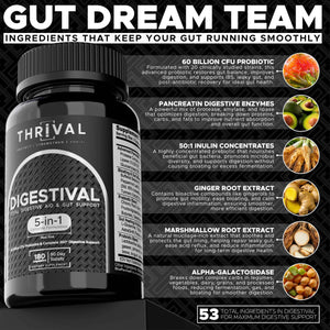 DIGESTIVAL 5-in-1 Gut Health Formula: Probiotics, Prebiotics, Enzymes, Gut Healing & Bloat Relief with 53 Ingredients, 60 Billion CFU, and Advanced Support for IBS