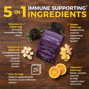 Viva Naturals Elderberry with Vitamin C and Zinc for Adults - 5 in 1 Sambucus Black Elderberry Capsules with Vitamin D3 5000 IU Immunity Supplement, Sambucus Elderberry Immune Support Supplement