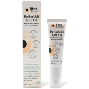 BlinkBetter BetterLids Restore Eyelid Cream tube, a lightweight formula with 3% Oat and Ceramides for sensitive and dry eyelids.