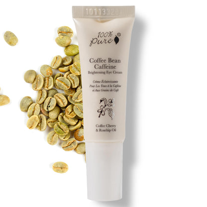 100% PURE Coffee Bean Caffeine Eye Cream tube, highlighting its 100% natural and vegan ingredients for vibrant, youthful eyes.