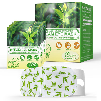 Green Tea scented steam eye masks - 16 packs of self-heating disposable eye patches for detoxifying and depuffing.