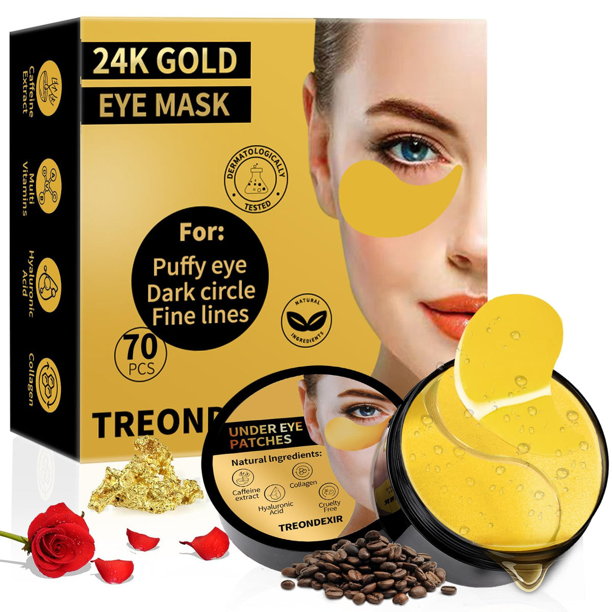 Luxury 24K Gold Hydrogel Eye Patches for Dark Circles and Eye Bags Treatment - 70 Count Jar