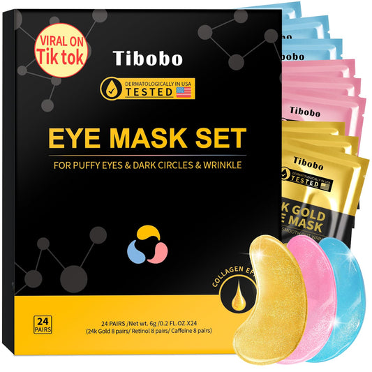 Box of 24 pairs of gold under-eye patches with caffeine and retinol, designed as a premium Valentines Day skincare gift.