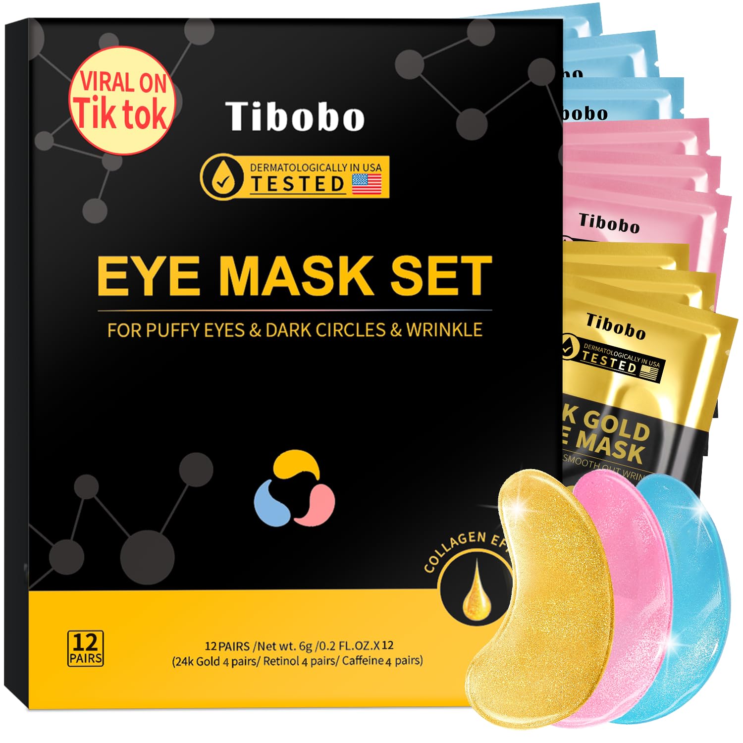 Box of 12 pairs of gold under-eye patches with caffeine and retinol, ideal as a small Valentines Day gift for women.