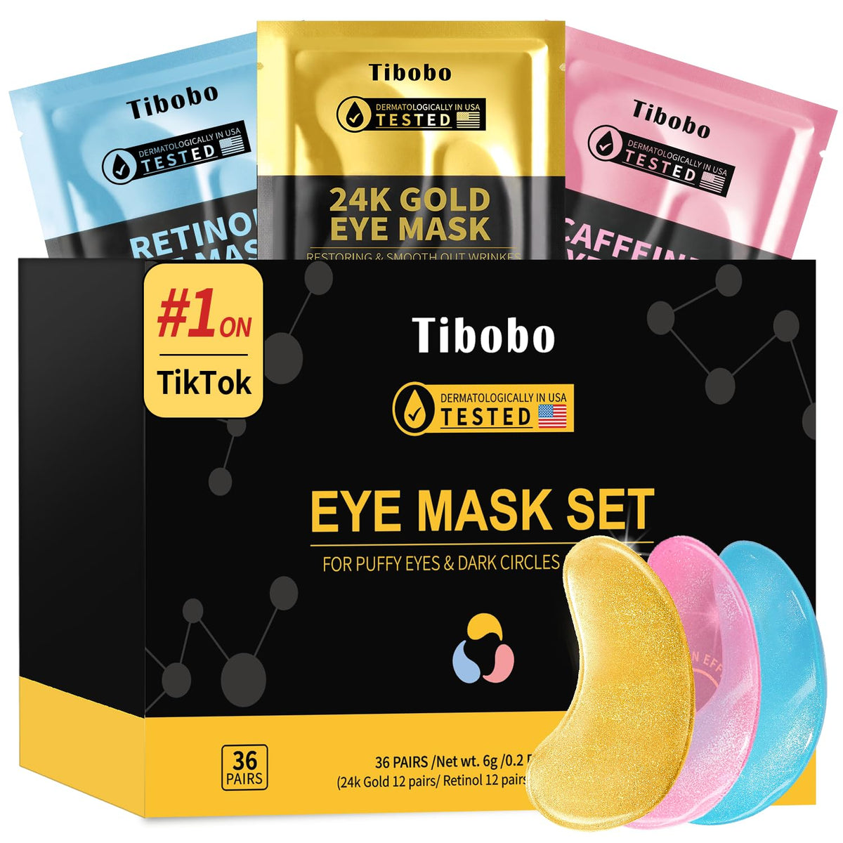Box of 36 pairs of gold under-eye patches with caffeine and retinol, perfect as a skincare gift for women.