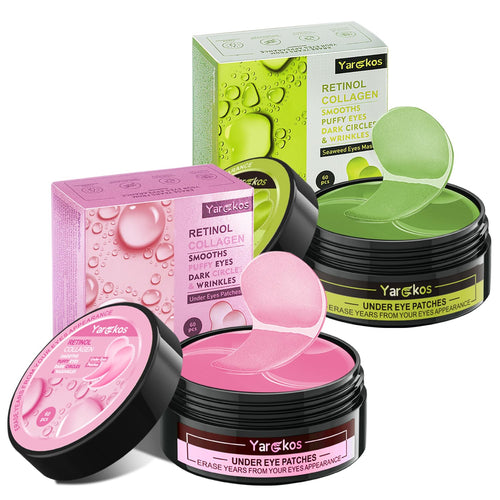 A 2-pack set featuring Pink and Green collagen under-eye patches (60 pieces total) for eye rejuvenation and hydration.