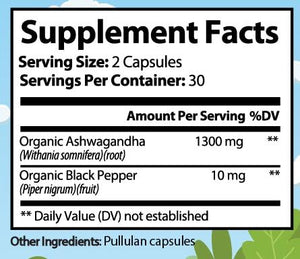 Premium Organic Ashwagandha with Black Pepper - 1300mg per Serving, 60 Capsules - Made in USA, FDA Registered Facility - Enhanced Absorption with Piperine for Optimal Performance Organic Strength buy supplements Au