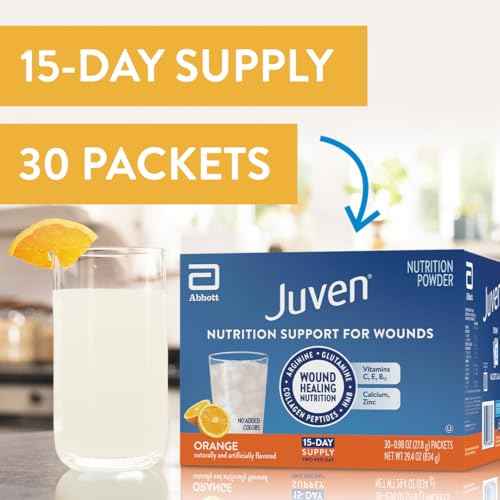 Juven Therapeutic Nutrition Drink Powder Including Collagen Peptides, Amino Acids, and HMB for Wound Healing Support, Orange, 30 Packets
