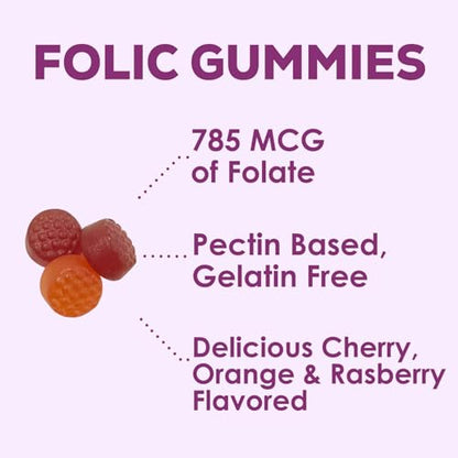 Folic Acid Gummies for Women 785 mcg, Essential Prenatal Vitamins for Mom & Baby, Vegan Folic Acid