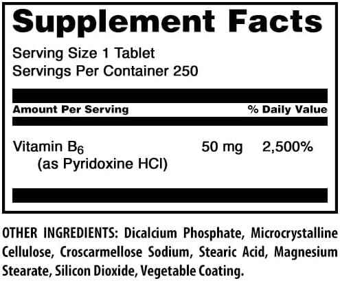 Amazing Formulas Vitamin B6 Pyridoxine 50mg 250 Tablets Supplement - Non GMO - Gluten Free - Made in USA