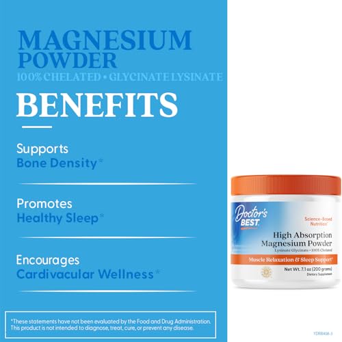 Doctor's Best High Absorption Magnesium Powder,White, 100% Chelated TRACCS, Not Buffered, Headaches, Sleep, Energy. Non-GMO, Vegan, Gluten Free, 200G, 7.1 Ounce (Pack of 1) Doctor's BESTBuy Supplements Australia