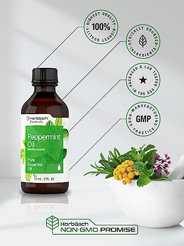 Horbaach Peppermint Oil | 2 fl oz | Pure Essential Spray | for Massage, Bath & Diffusers | Non-GMO