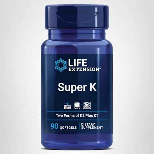 Life Extension Super K, Vitamin K Supplement, 2000 Mcg Vitamin K and 1180 Mcg Vitamin K2, Heart Health, Once-Daily, 90 Softgels