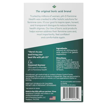 pH-D Feminine Health - Boric Acid Moisturizing Suppository - Woman Owned - for Vaginal Odor