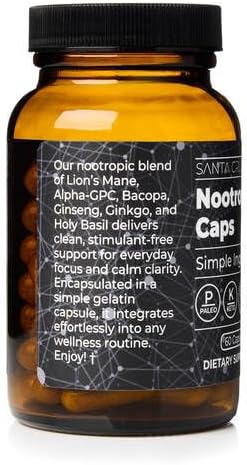 Santa Cruz Paleo Nootropic Capsules - Lions Mane, Alpha GPC, Panax Ginseng & Ginkgo Biloba for Focus, Memory, Mental Clarity & Energy - Keto, Paleo, Gluten Free Brain Supplement, 60 Caps