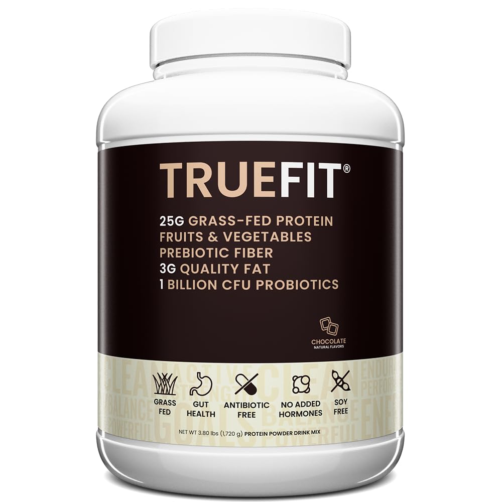 TrueFit Grass-Fed Whey Protein Powder + Fiber & Probiotics, Vanilla Shake - 25g Gut Healthy Protein with Fiber, Probiotics & Non-GMO Superfoods for Complete Meal Replacement Shake with Nothing Fake