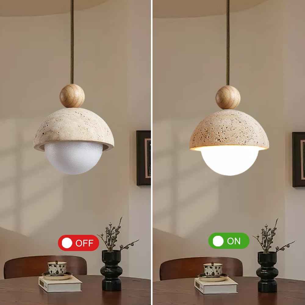 Spherical Wabi Sabi Pendant Light Natural Stone Retro Japanese Style Yellow Travertine Pendant Lighting Vintage Mini Wood Nordic Hanging Light for Kitchen Island Dining Room Bedroom Hallway Bedside