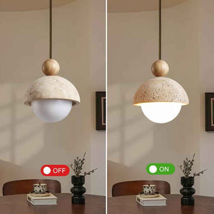 Spherical Wabi Sabi Pendant Light Natural Stone Retro Japanese Style Yellow Travertine Pendant Lighting Vintage Mini Wood Nordic Hanging Light for Kitchen Island Dining Room Bedroom Hallway Bedside