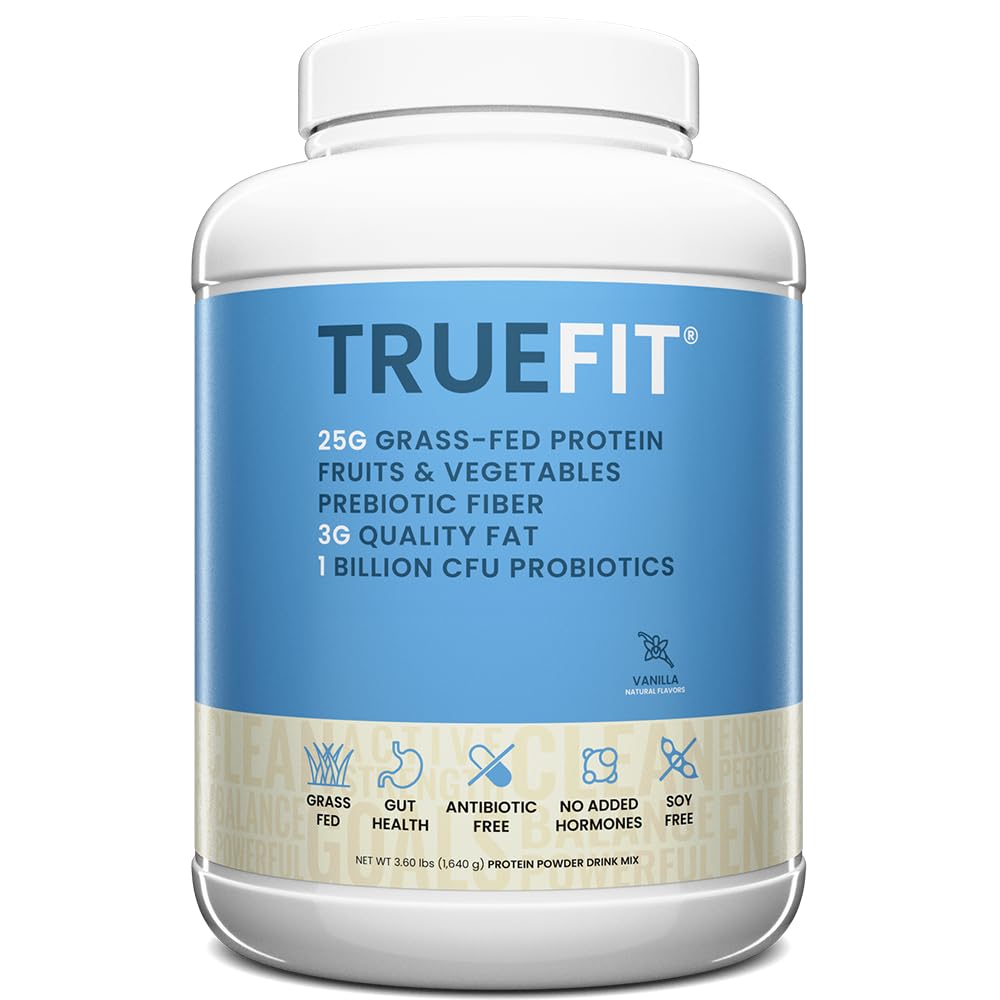 TrueFit Grass-Fed Whey Protein Powder + Fiber & Probiotics, Vanilla Shake - 25g Gut Healthy Protein with Fiber, Probiotics & Non-GMO Superfoods for Complete Meal Replacement Shake with Nothing Fake