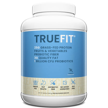 TrueFit Grass-Fed Whey Protein Powder + Fiber & Probiotics, Vanilla Shake - 25g Gut Healthy Protein with Fiber, Probiotics & Non-GMO Superfoods for Complete Meal Replacement Shake with Nothing Fake