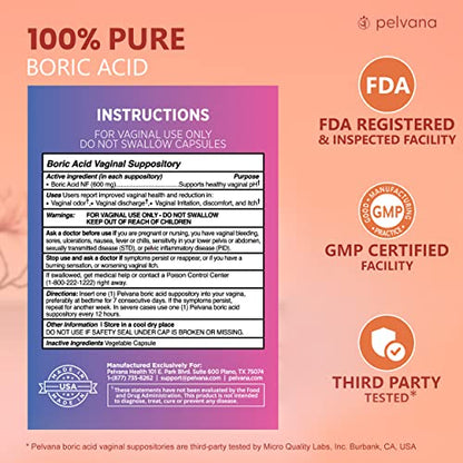 Pelvana Boric Acid Suppositories for Women 30 - for Vaginal pH Balance, Odor Control, Itching, & Discharge