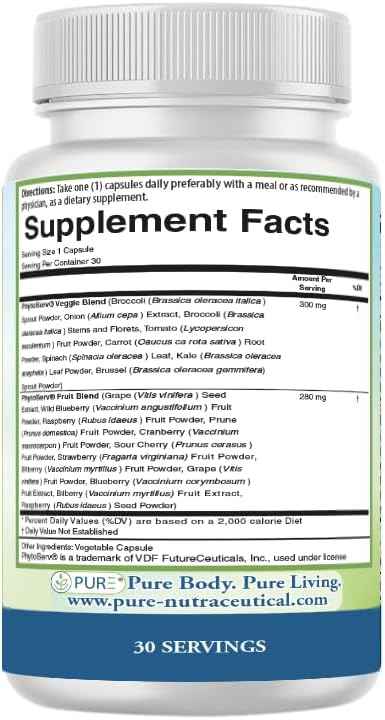 PURE Greens & Reds Capsules - 30 Servings - 9 Daily Servings of Fruits & Vegetables in 1 Capsule - PhytoServ Superfood Blend with Broccoli, Kale & Berries - Plant-Based Phytonutrient Shield