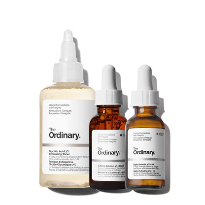 The Ordinary The Bright Set, 3-Step Regimen for Radiant, Even Skin Tone with Glycolic Acid 7% Exfoliating Toner, Alpha Arbutin 2% + HA, and Caffeine Solution 5% + EGCG | Skin Care Set