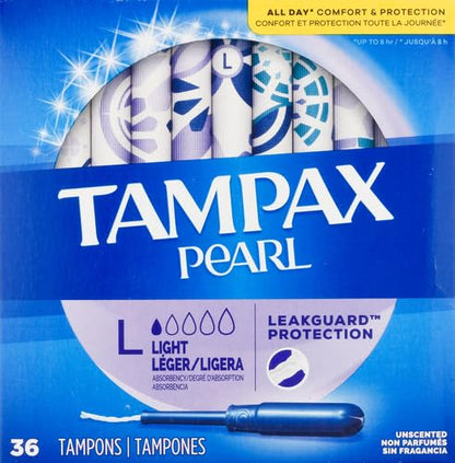 Tampax Pearl Plastic Tampons, Light Absorbency, Unscented, 36 Count (Pack of 2) (72 Total Count)