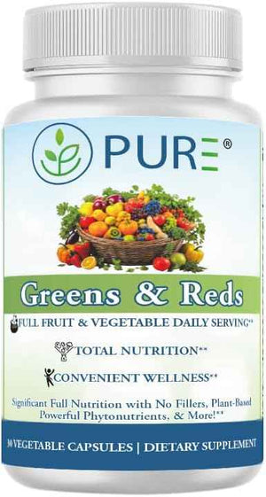 PURE Greens & Reds Capsules - 30 Servings - 9 Daily Servings of Fruits & Vegetables in 1 Capsule - PhytoServ Superfood Blend with Broccoli, Kale & Berries - Plant-Based Phytonutrient Shield