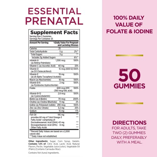 Nature's Bounty Essential Prenatal Gummies, Folic Acid and Iodine, Omega 3 and DHA, 50 Count