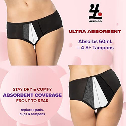 4period High Absorbency for Heavy Flow Period Panties; Leakproof, for Teens and Women (3 Black, X-Large)