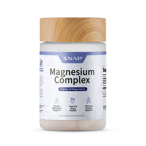Supplement jar labeled 'Magnesium Complex' with a wooden cap on a white background