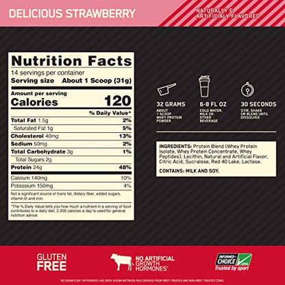 Optimum Nutrition Gold Standard 100% Whey Protein Powder, Strawberry, 1 Pound